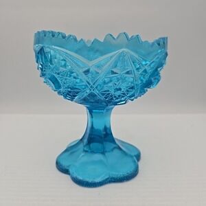 Kemple Wheaton Peacock Blue Glass Starburst Pedestal‎ Sawtooth Edge Compote VTG
